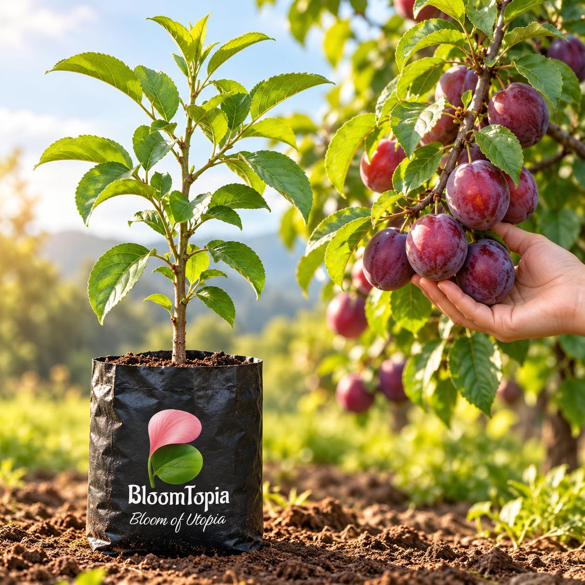 Illustration of a Alubukhara Plum sapling in a nursery bag beside mature plant growth.