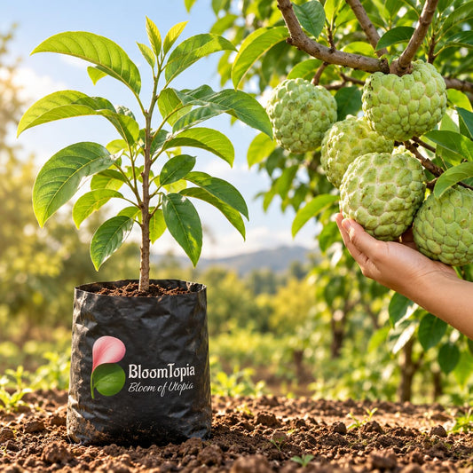 Illustration comparing young Custard Apple nursery growth with a mature plant.