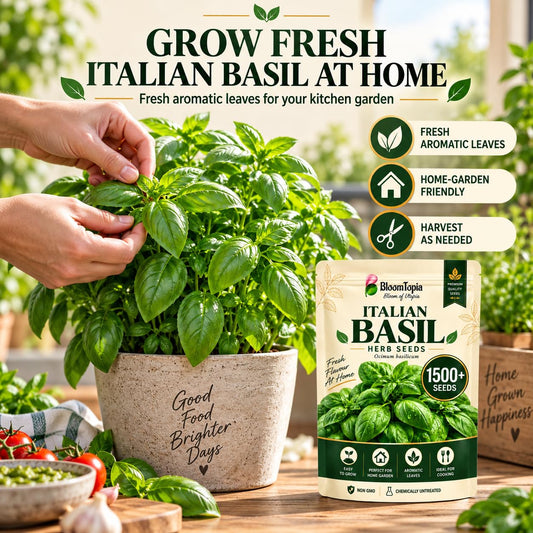 Illustration of Italian basil growing in pots near its seed pack.