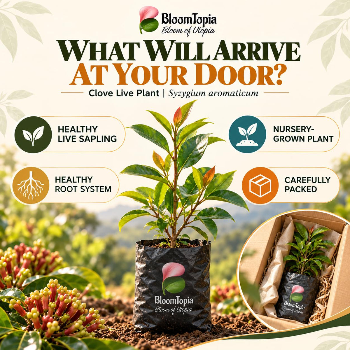 clove nursery plant and root packing illustration.