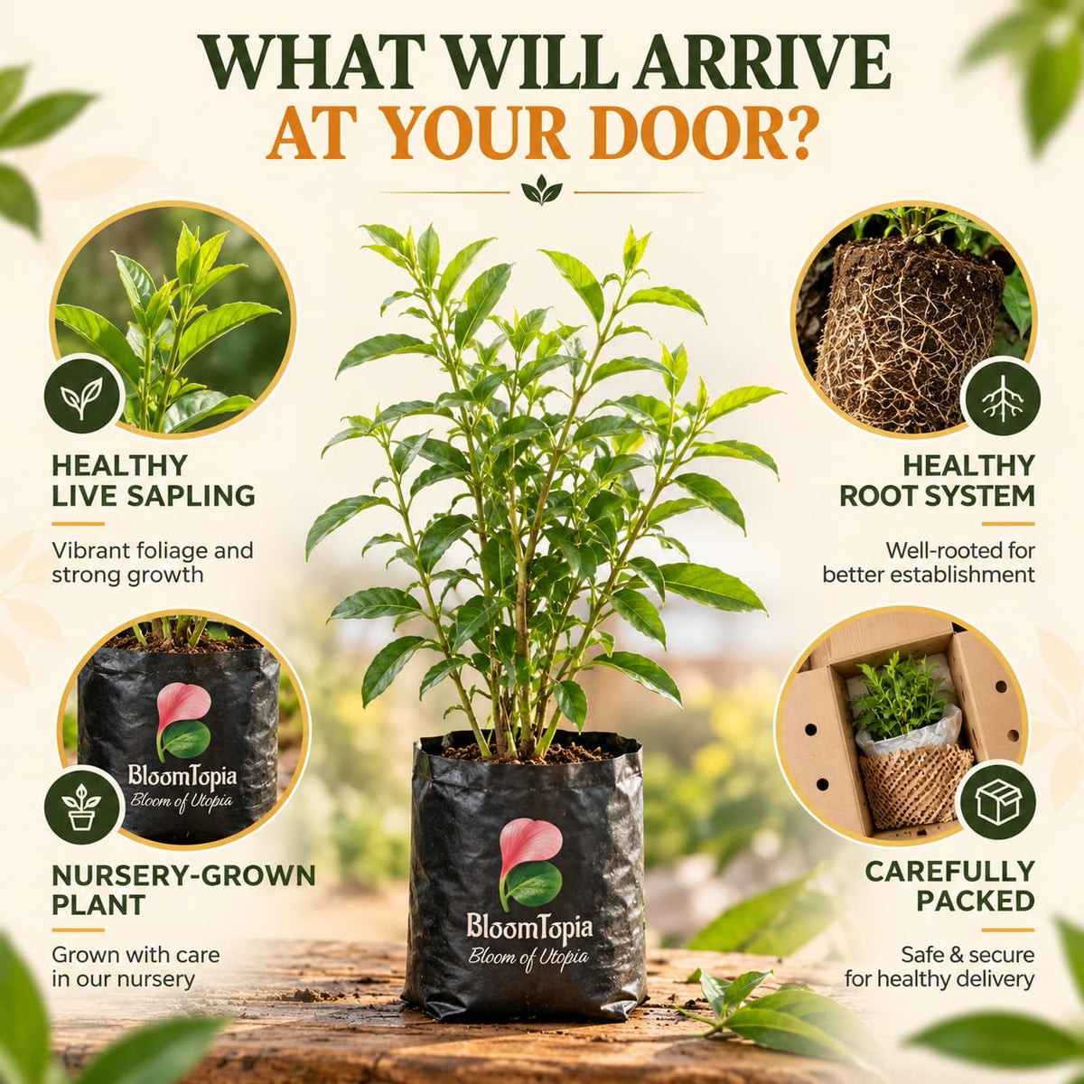 Illustrated plant, root close-ups and pack-presentation panel for Raat Ki Rani Night Blooming Jasmine.