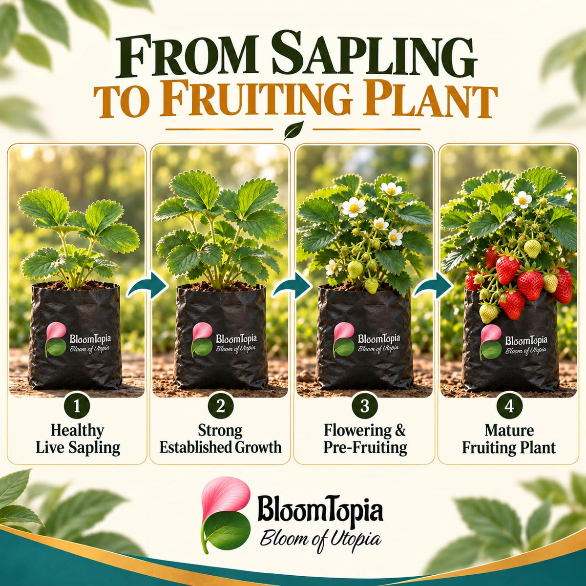 Illustrated growth stages for Strawberry, from young plant to mature growth.