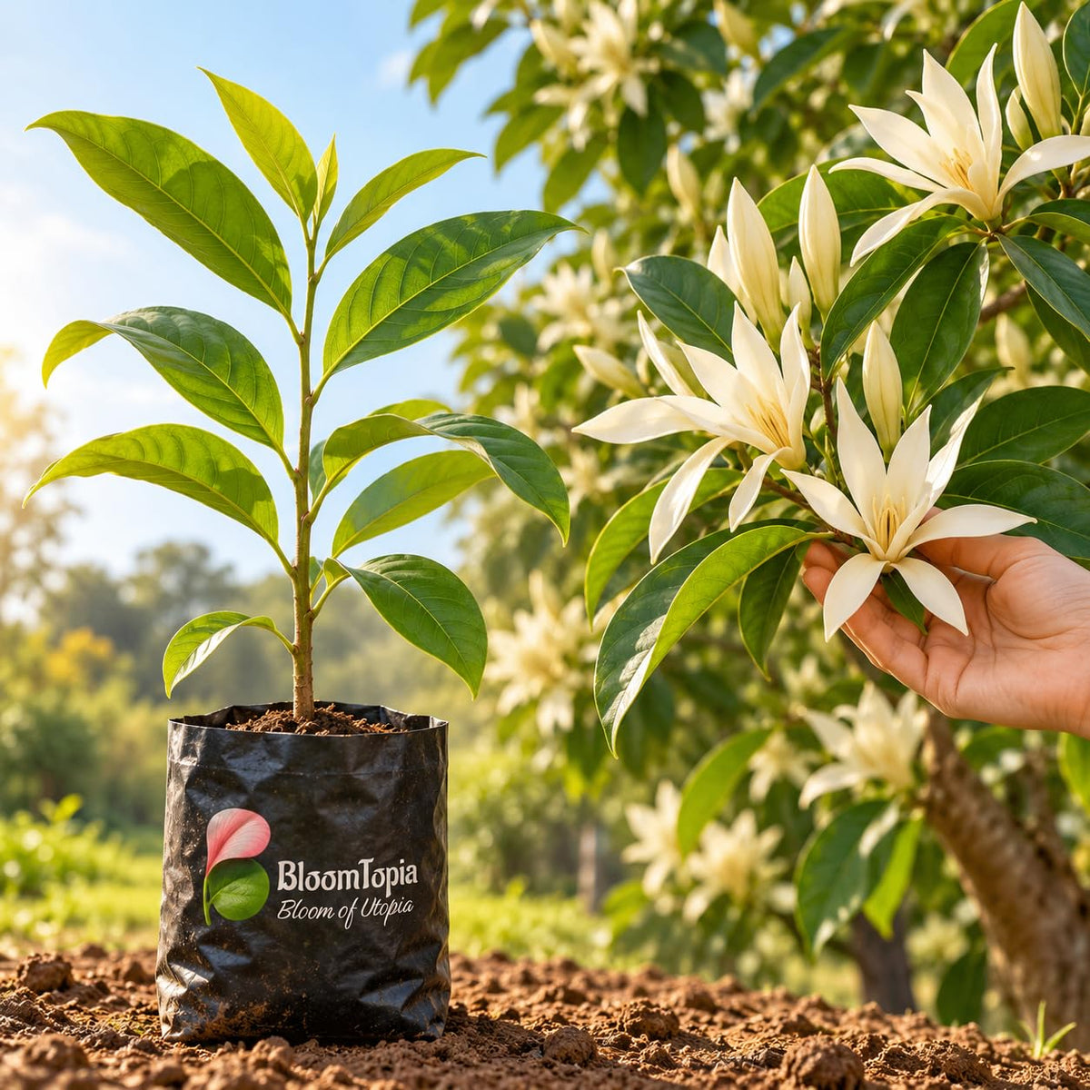 Illustration comparing young White Swarnachampa nursery growth with a mature plant.