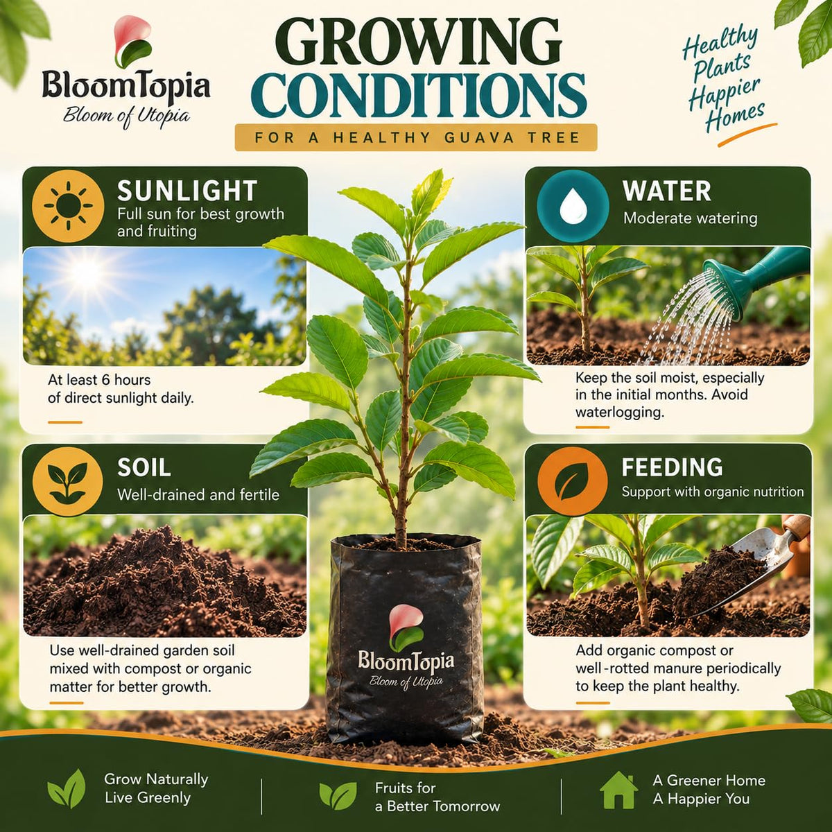 Sunlight, water, soil and feeding guide for Traditional Green Guava.