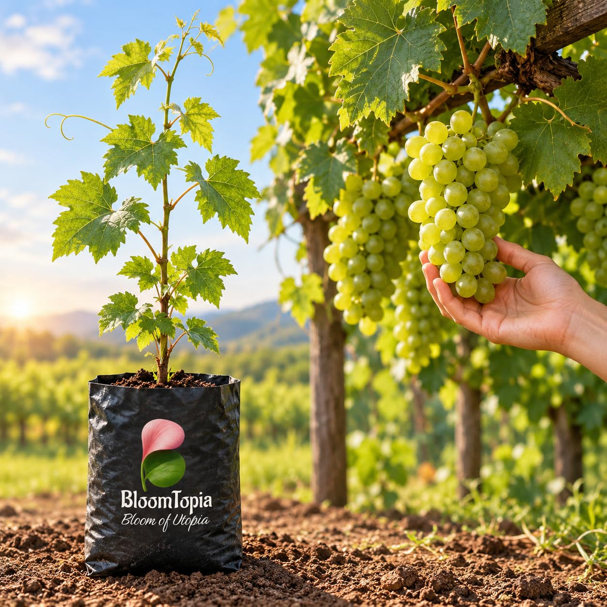 Illustration comparing young Green Grapes (Angur) Vine nursery growth with a mature plant.