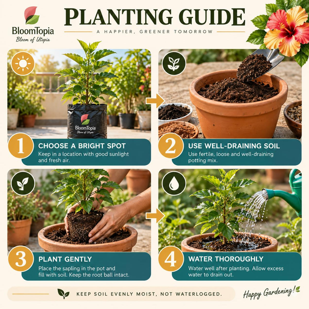 Step-by-step planting illustration for Hibiscus.