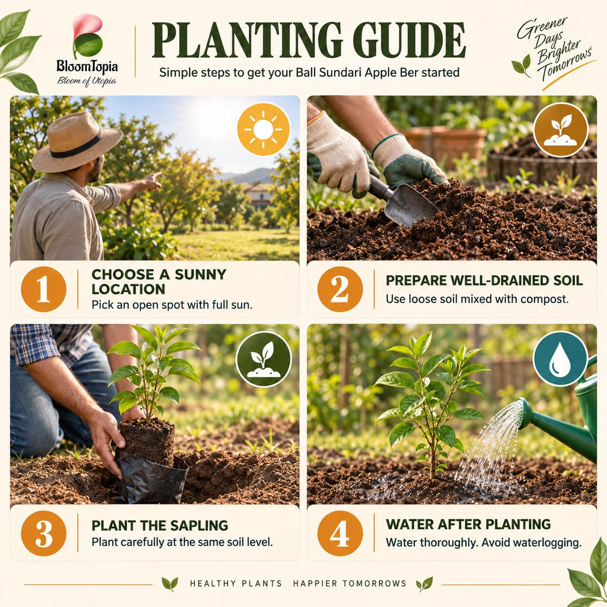 Four-step planting illustration for Ball Sundari Apple Ber Fruit.