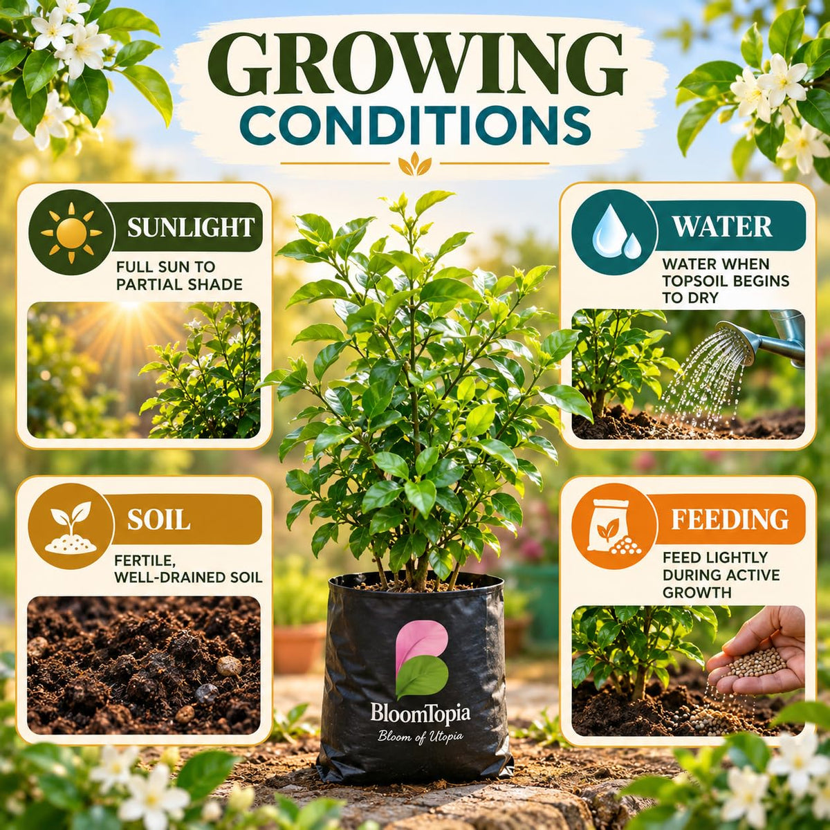 Sunlight, water, soil and feeding guide for Kamini (Orange Jasmine).