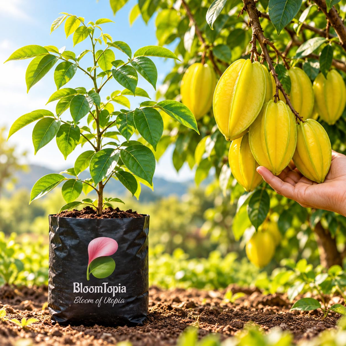 Illustration comparing young Star Fruit (Kamranga) nursery growth with a mature plant.