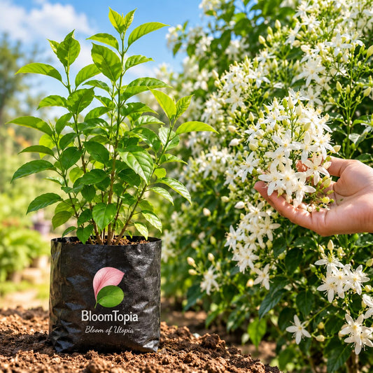 Illustration comparing young Jasmine nursery growth with a mature plant.