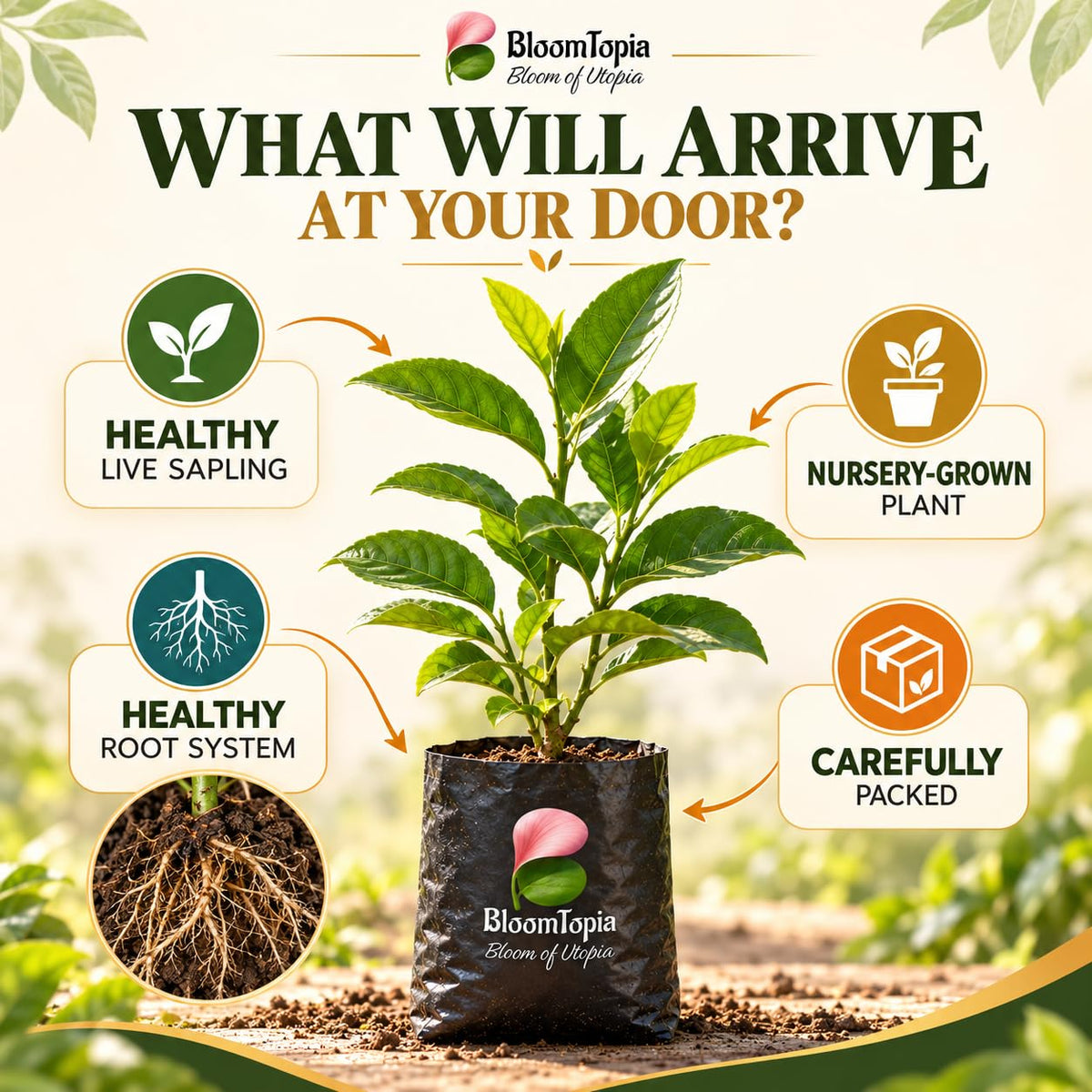 Illustrated plant, root close-ups and pack-presentation panel for Gondhoraj Lemon.