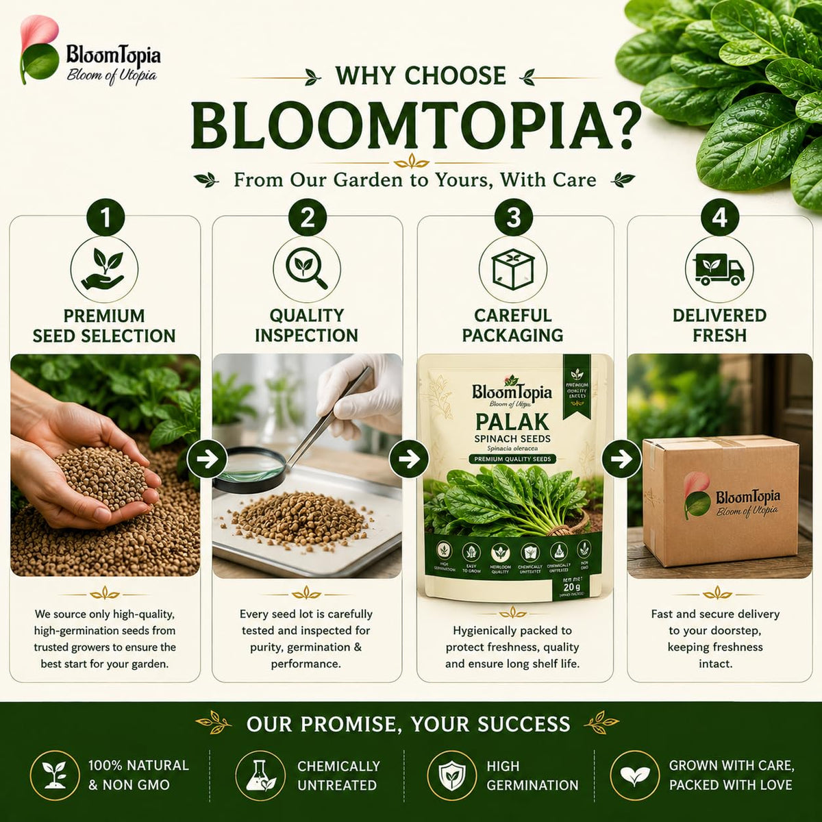 BloomTopia palak seed selection and packing panel.