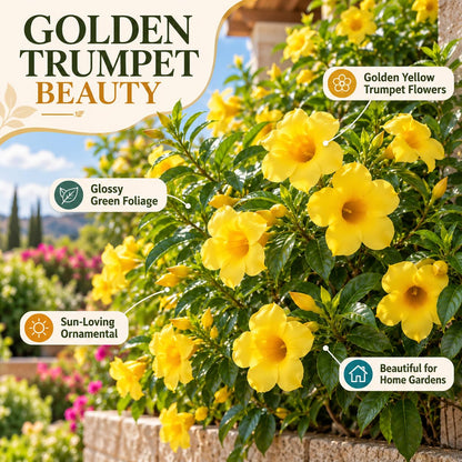 Illustration of mature Allamanda Golden Trumpet features with variety callouts.