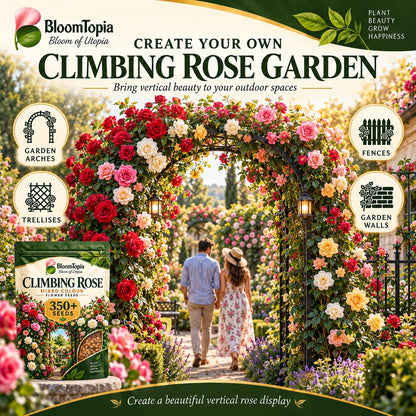 Illustration of climbing roses covering garden supports.