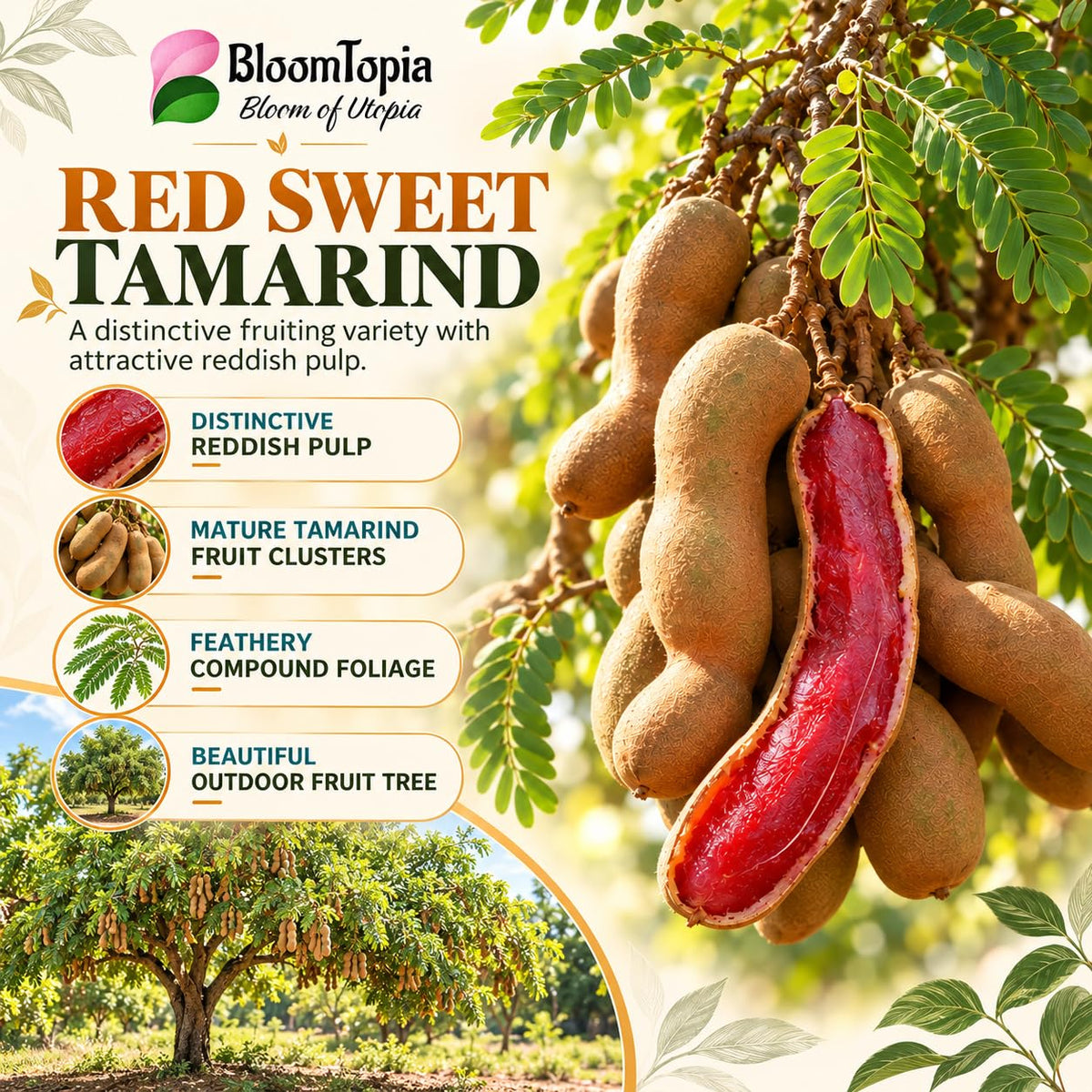 Illustration of mature Red Sweet Tamarind features with variety callouts.