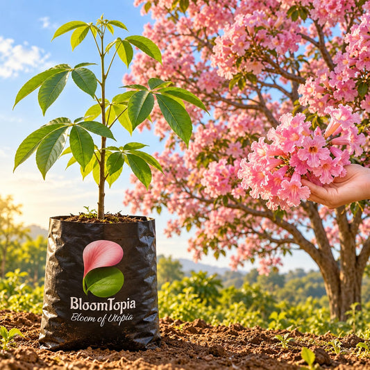 Illustration comparing young Tabebuia Rosea Pink Trumpet Tree nursery growth with a mature plant.