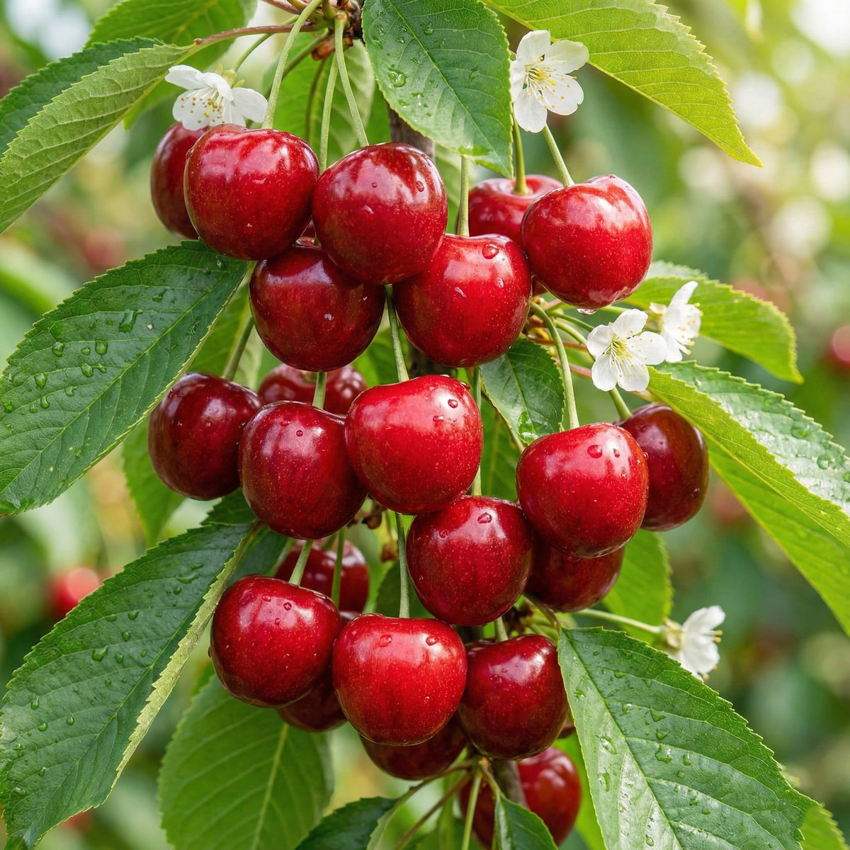 Red Barbados Cherry fruit growing among green leaves.