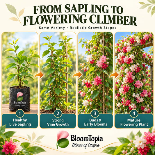 Illustrated growth stages for Double Petal Madhumalti Rangoon Creeper, from young plant to mature growth.