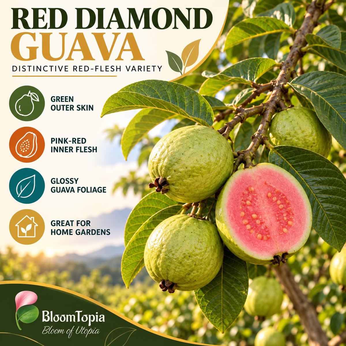 Illustration of mature Red Diamond Guava features with variety callouts.