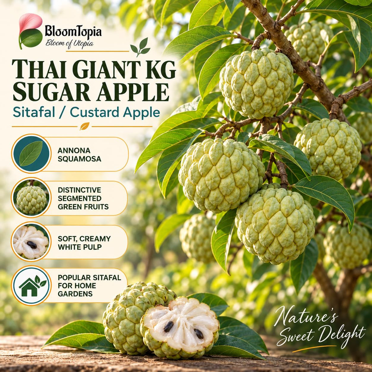 Illustration of mature Thai Giant KG Sugar Apple Sitafal features with variety callouts.
