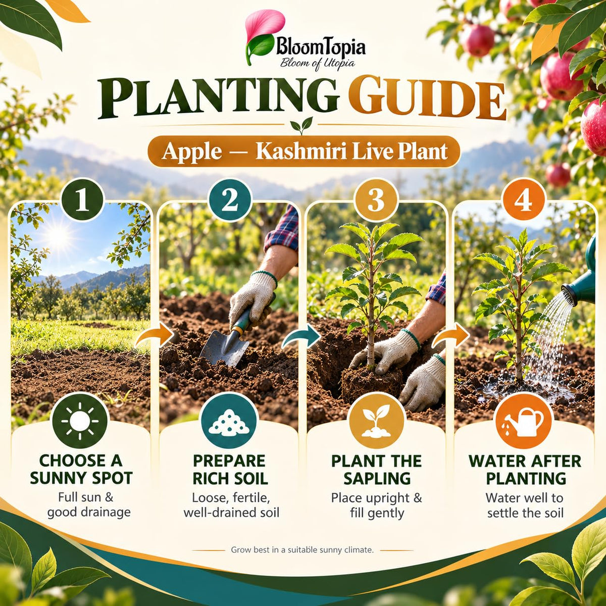 Step-by-step planting illustration for Kashmiri Apple.