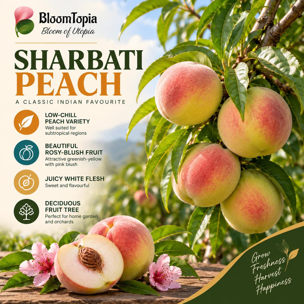 Illustration of mature Sharbati Peach Grafted features with variety callouts.