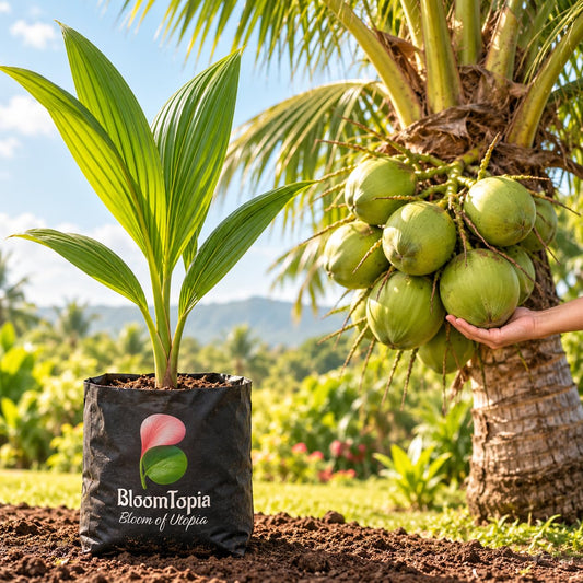 Illustration of a young Vietnam dwarf coconut plant beside mature fruit.