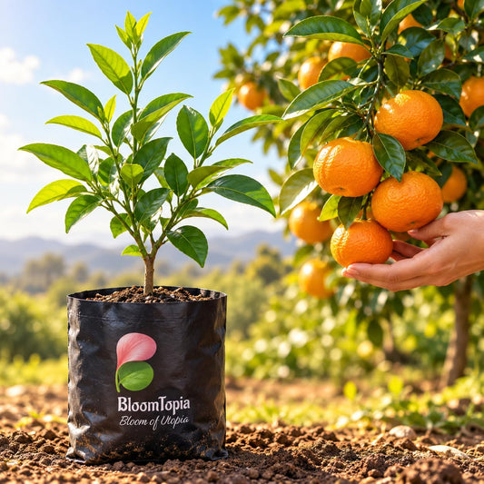 Illustration comparing young Mandarin Orange nursery growth with a mature plant.