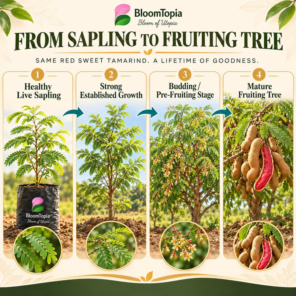 Illustrated growth stages for Red Sweet Tamarind, from young plant to mature growth.
