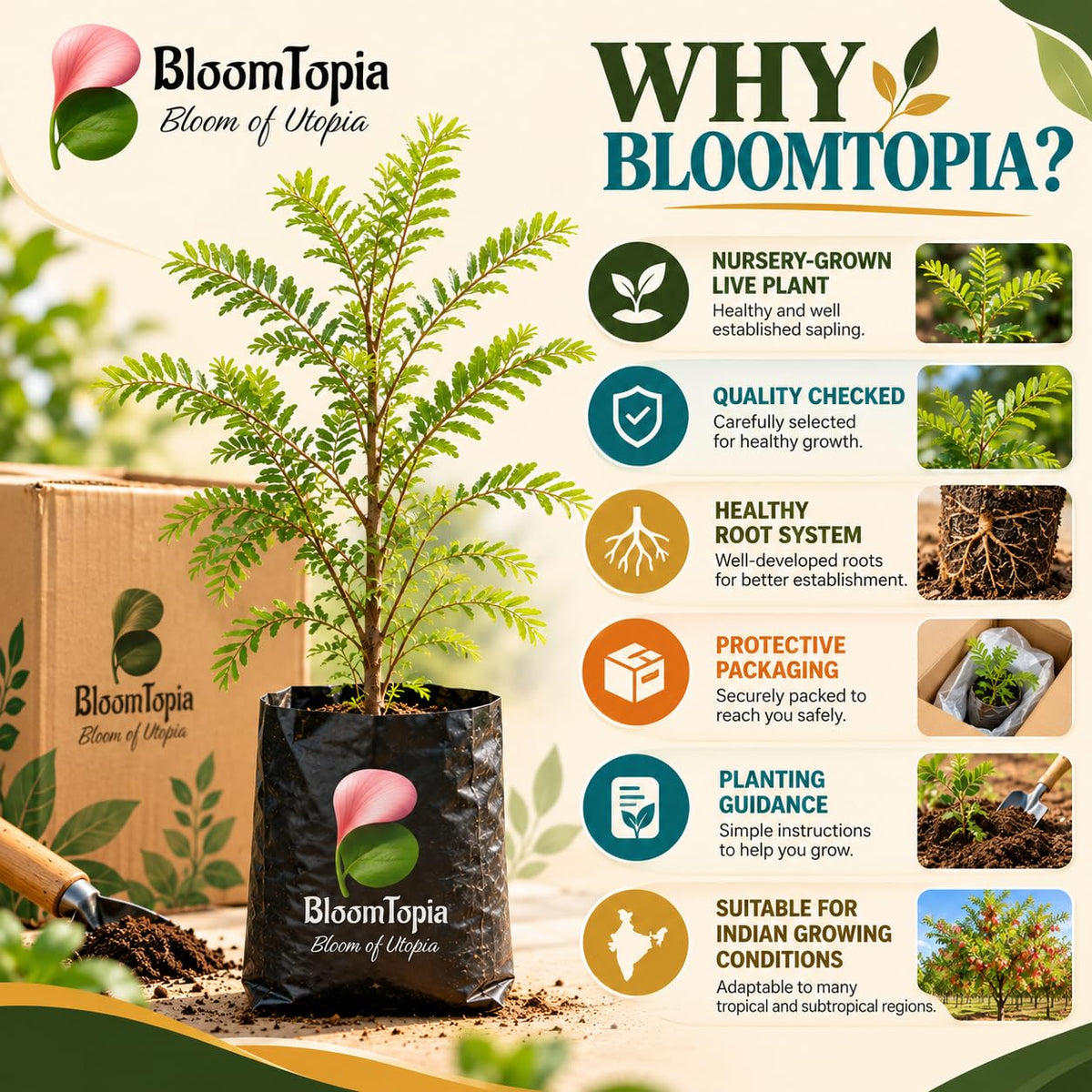 BloomTopia plant-handling and brand-information panel featuring Lal Amla.