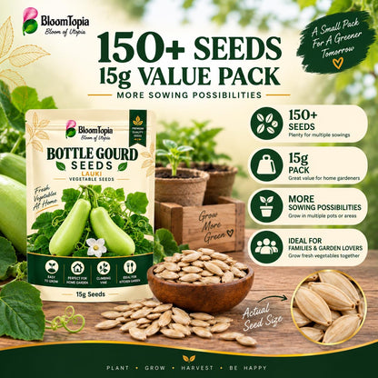 Bottle gourd seed pouch, seeds and pack-quantity panel.
