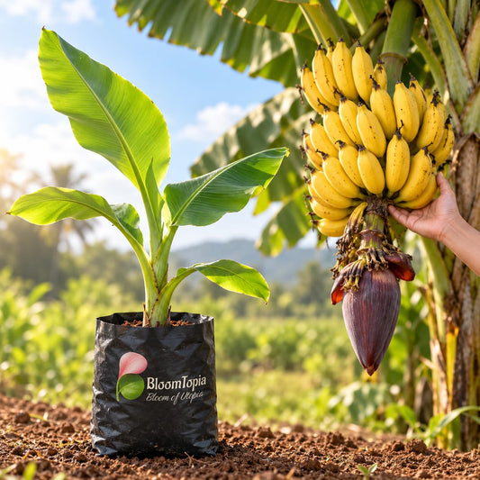 Illustration of a Indian Kathali Banana sapling in a nursery bag beside mature plant growth.