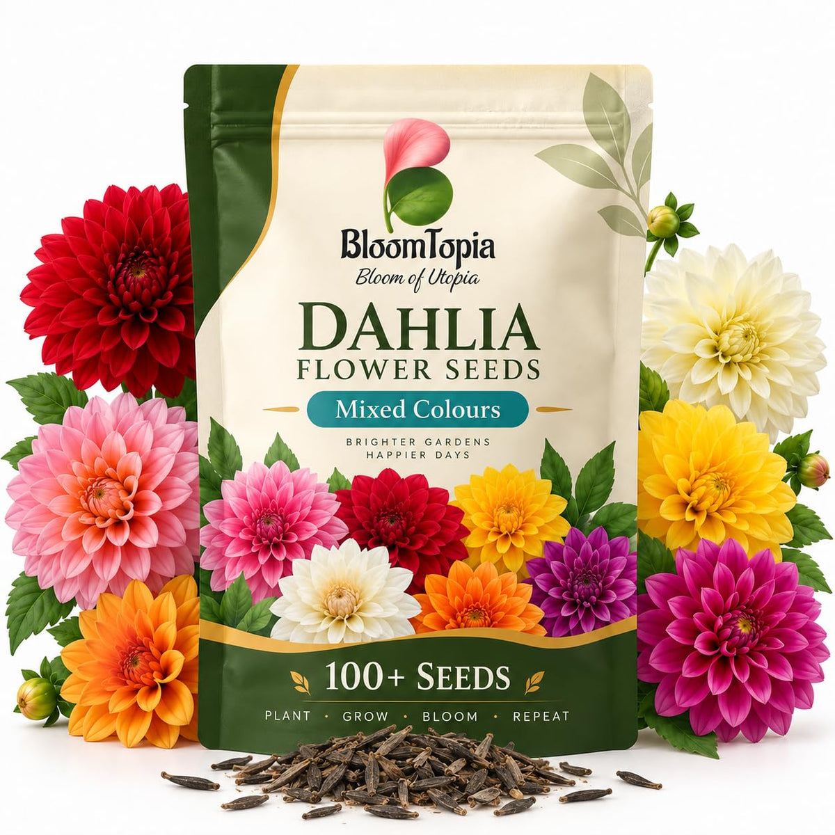 BloomTopia mixed-colour dahlia flower seed pouch.