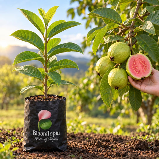 Illustration comparing young Red Diamond Guava nursery growth with a mature plant.