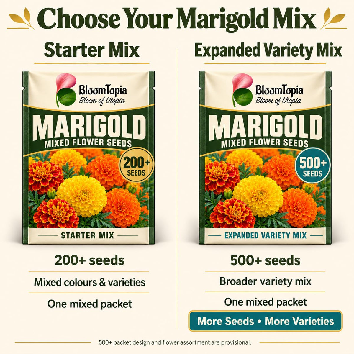 Comparison of marigold seed-pack quantity options.