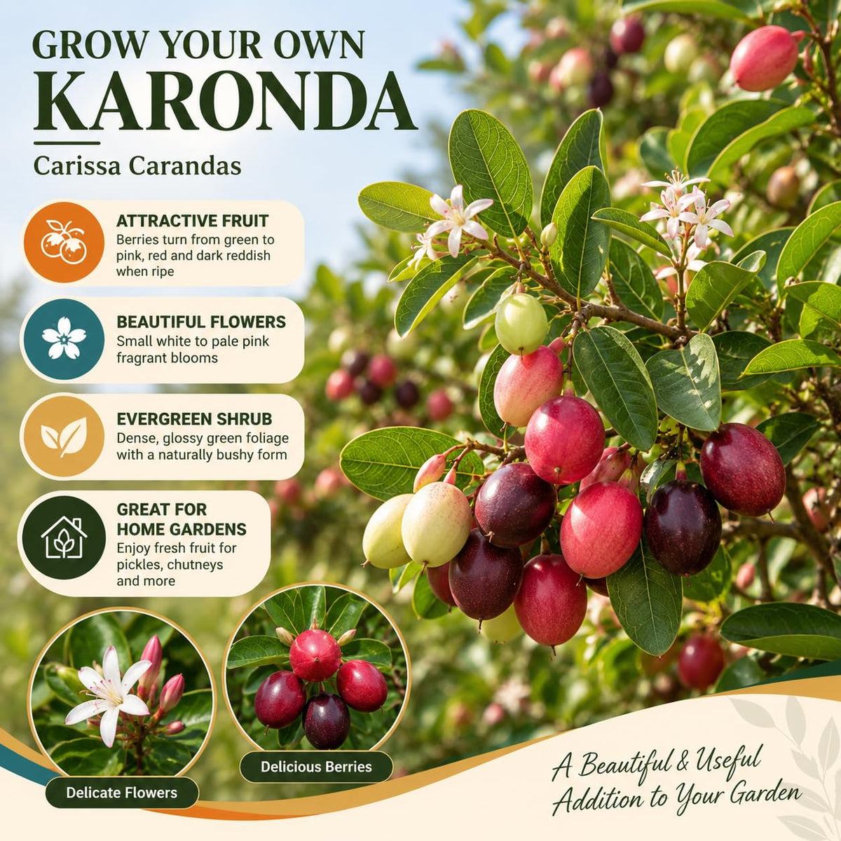 Illustration of mature Karonda Fruit Plant (Carissa carandas) features with variety callouts.