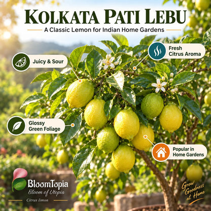 Illustration of mature Kolkata Pati Lebu Lemon features with variety callouts.