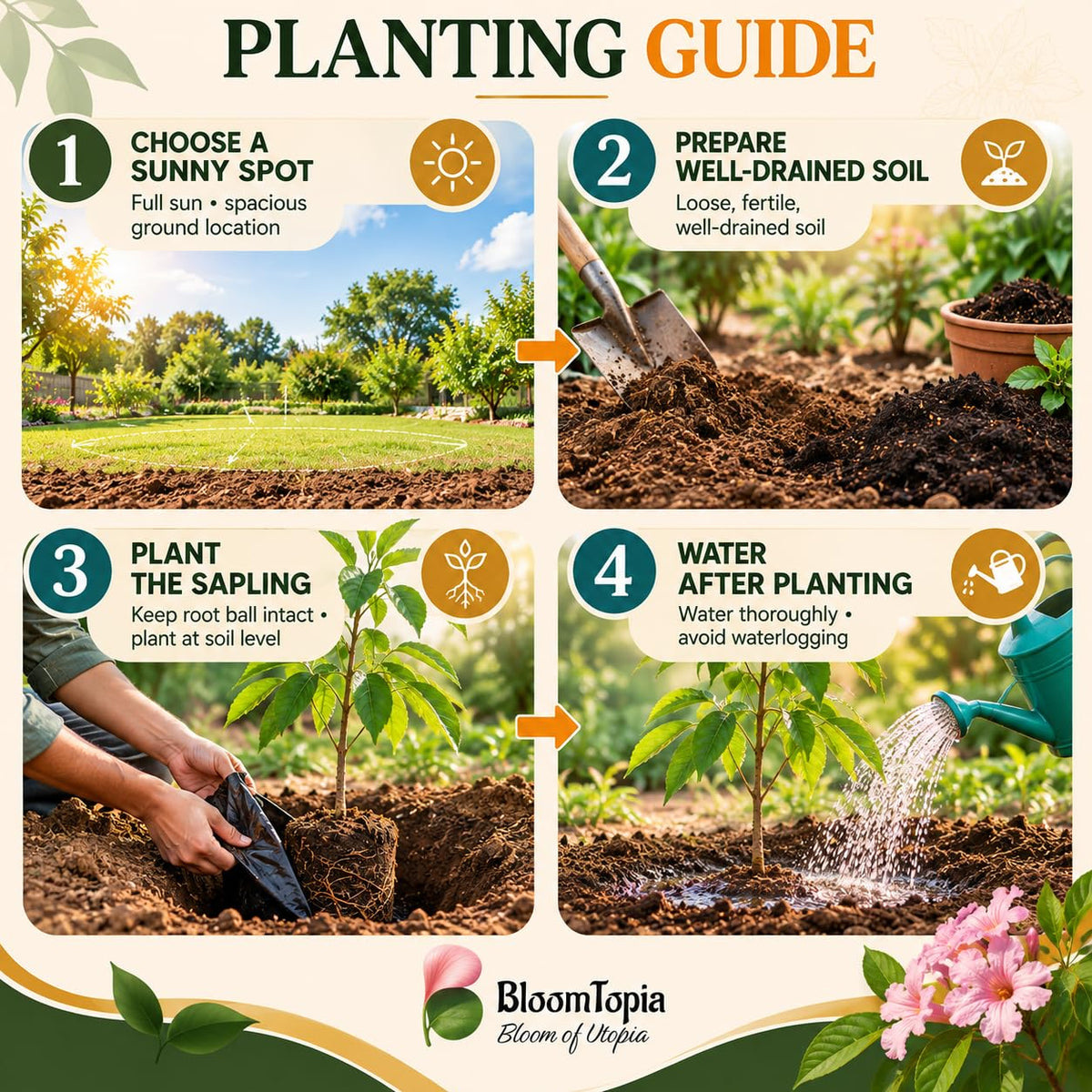 Step-by-step planting illustration for Tabebuia Rosea Pink Trumpet Tree.