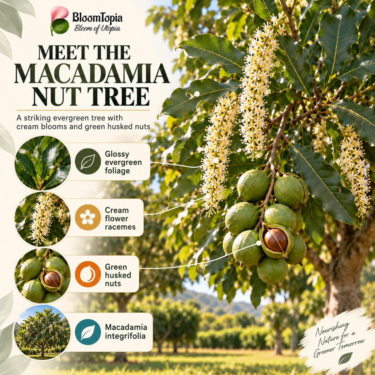 Illustration of mature Macadamia Nut features with variety callouts.