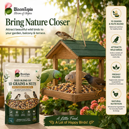 Garden bird feeder scene with birds and seed packaging.