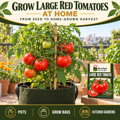 Large red tomatoes growing in a pot.