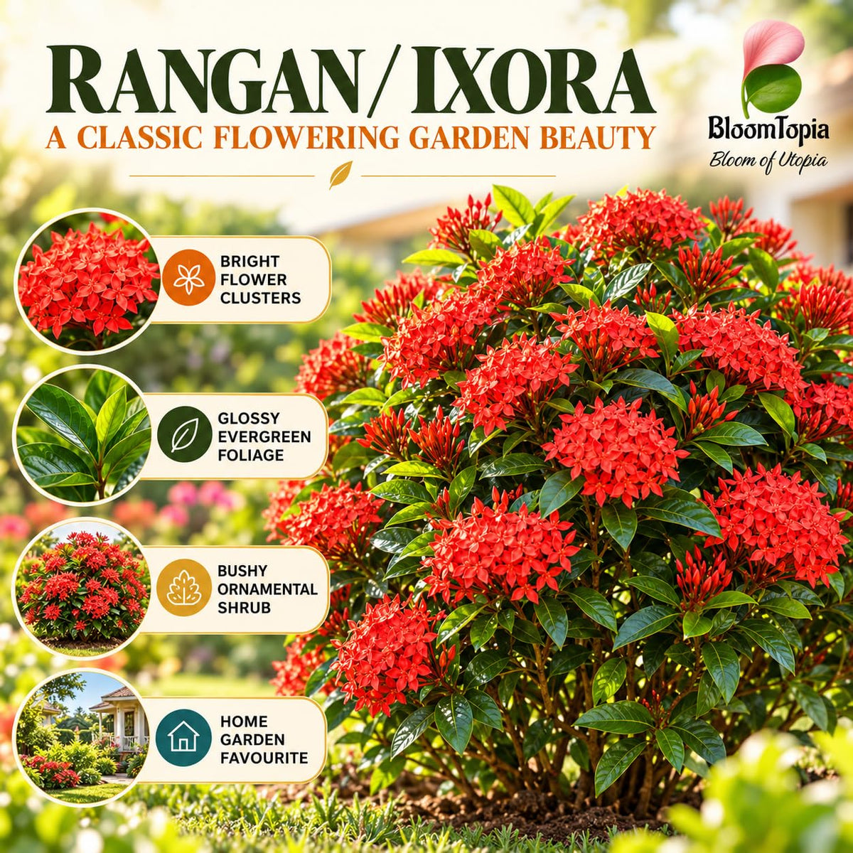 Illustration of mature Rangan Ixora features with variety callouts.