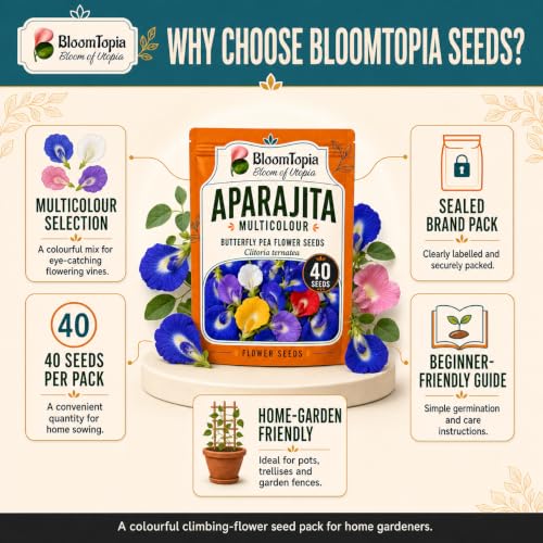 BloomTopia Aparajita seed-pack and brand-information panel.