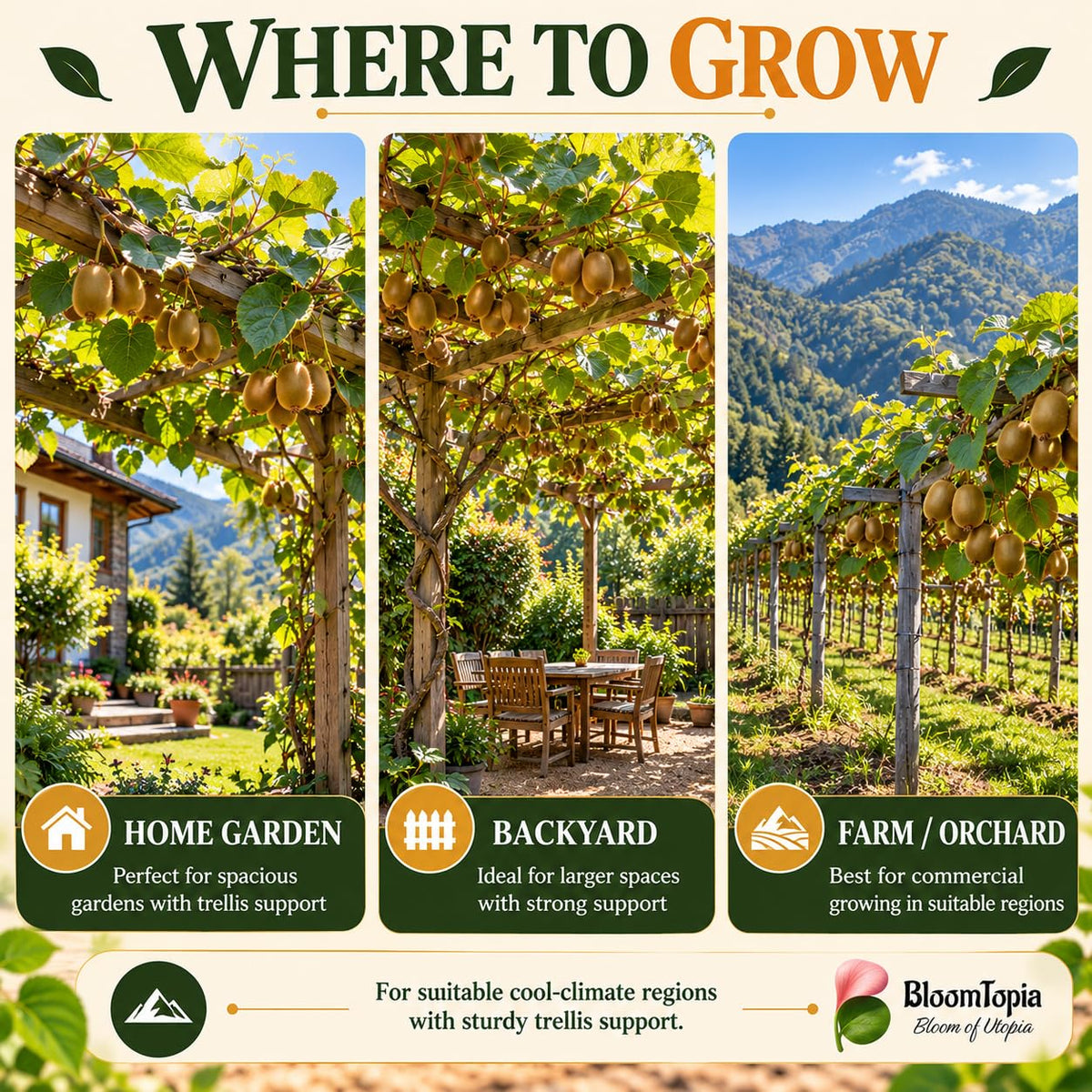 Garden and orchard growing locations for kiwi.