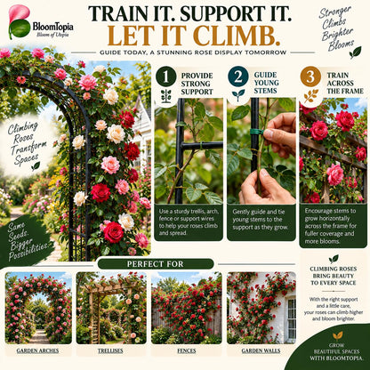 Illustration of training climbing roses on garden supports.