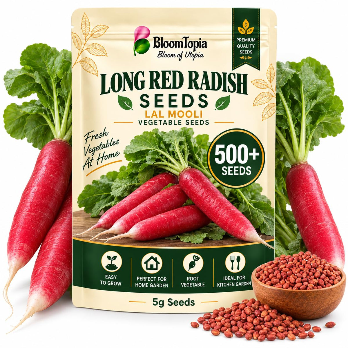 BloomTopia long red radish seed pouch beside radishes and loose seeds.