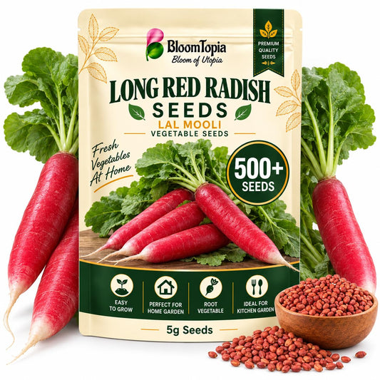 BloomTopia long red radish seed pouch beside radishes and loose seeds.