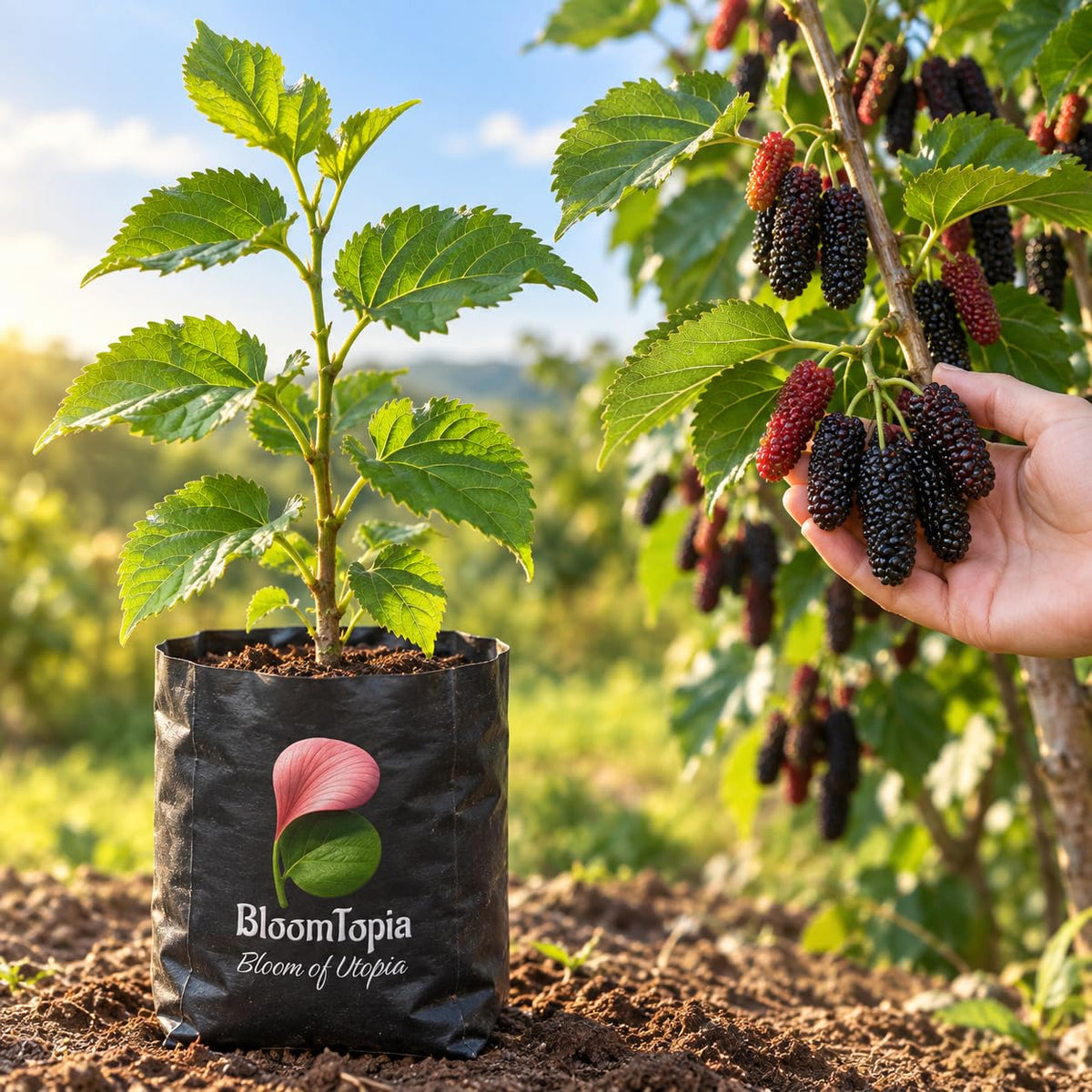 Illustration comparing young Chiang Mai 60 Mulberry nursery growth with a mature plant.