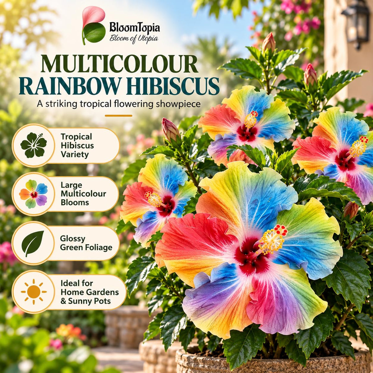 Stylized multicoloured hibiscus flower illustration with feature callouts.
