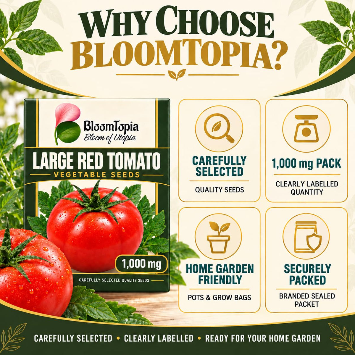 Large red tomato seed selection and packing panel.